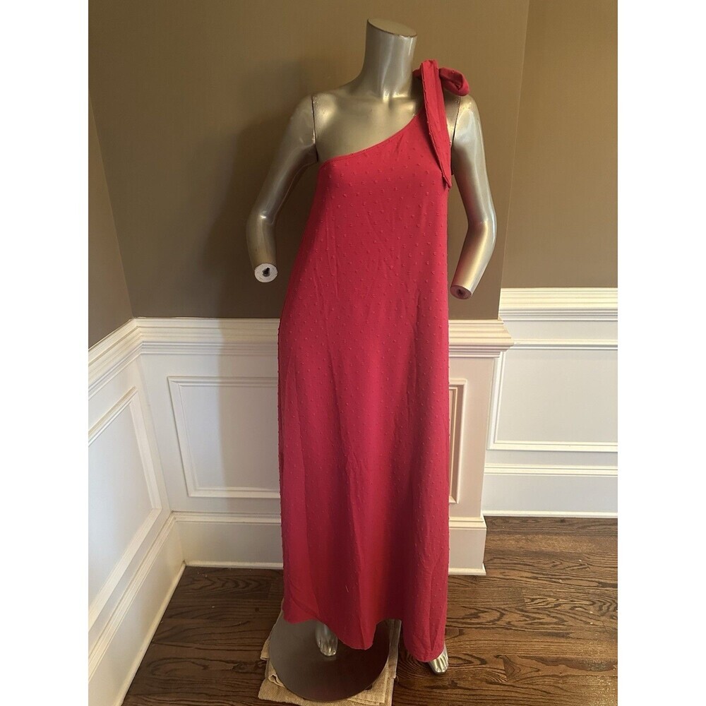 NWT ENTRO One Shoulder Swiss Dot Maxi Dress Sz M Fuchsia